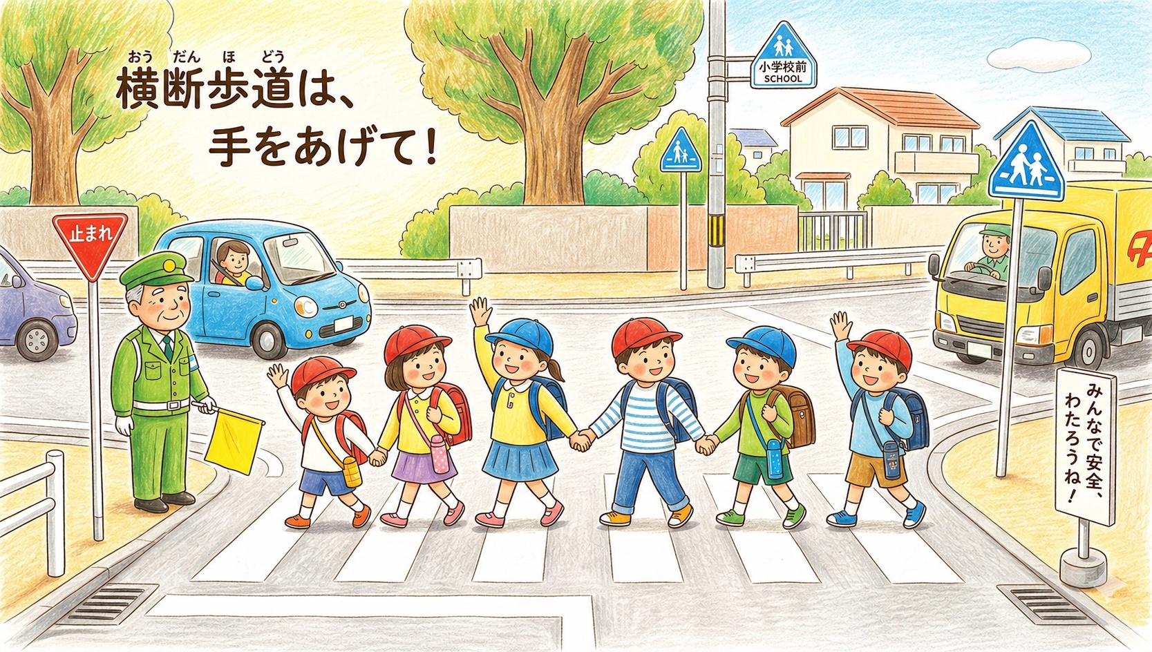 横断歩道は、手をあげて！