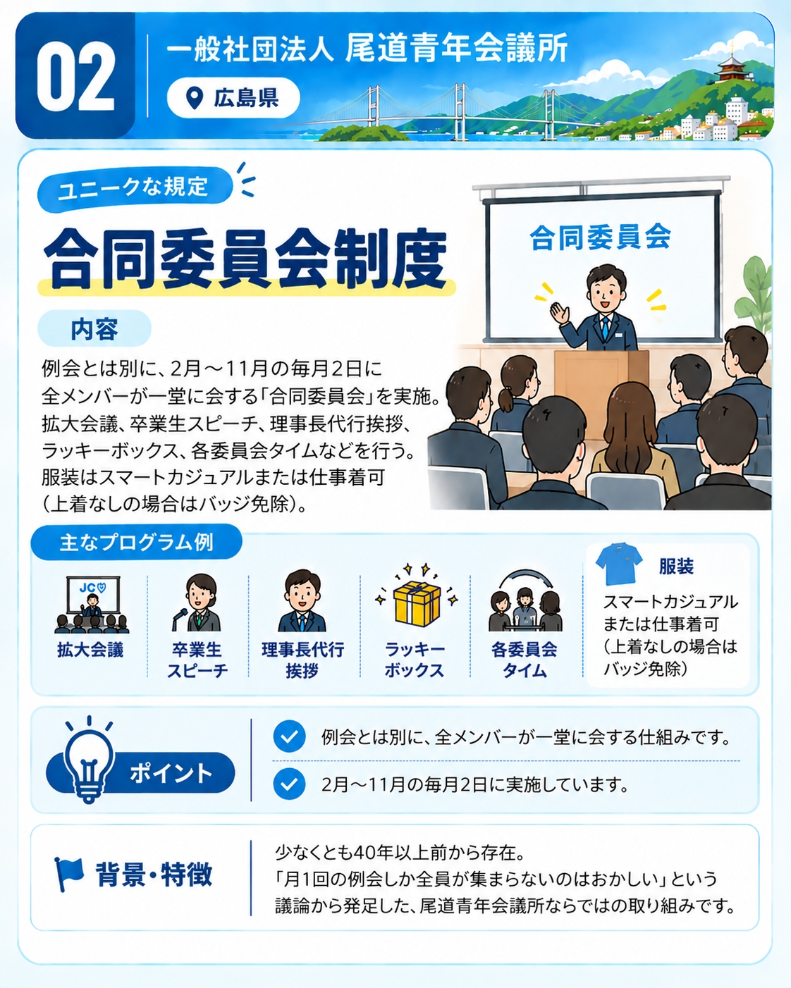 一般社団法人尾道青年会議所の合同委員会制度。2月から11月の毎月2日に全メンバーが一堂に会する合同委員会を実施。