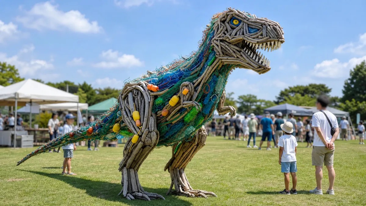 海洋漂着ゴミでつくられた全長3mの恐竜オブジェ