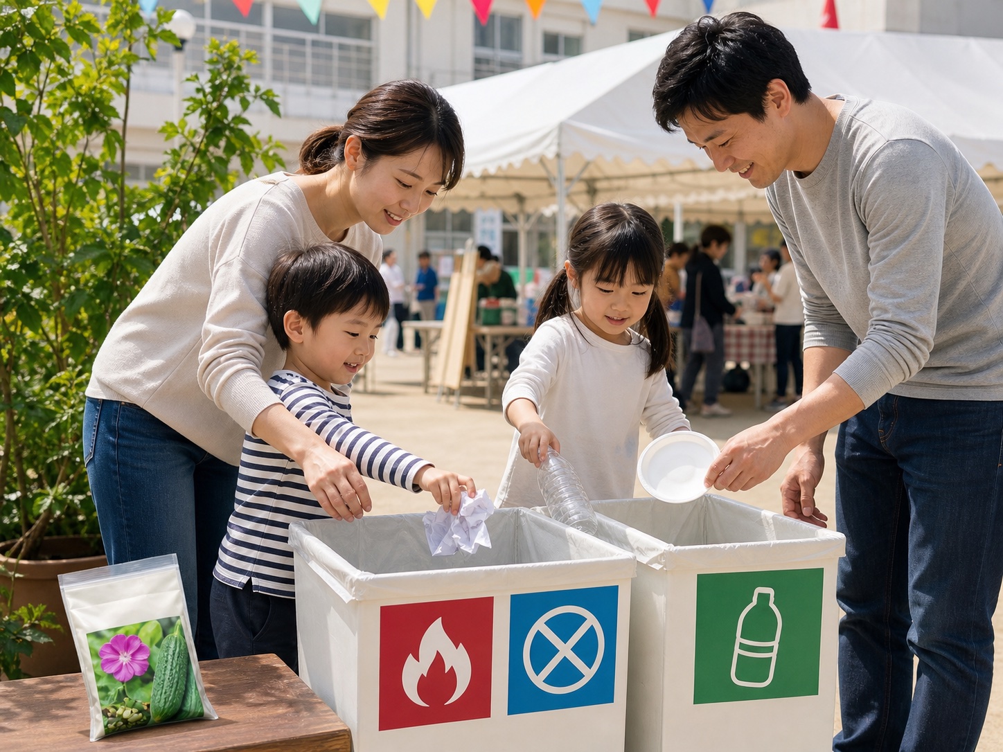 家族でゴミを分別する様子